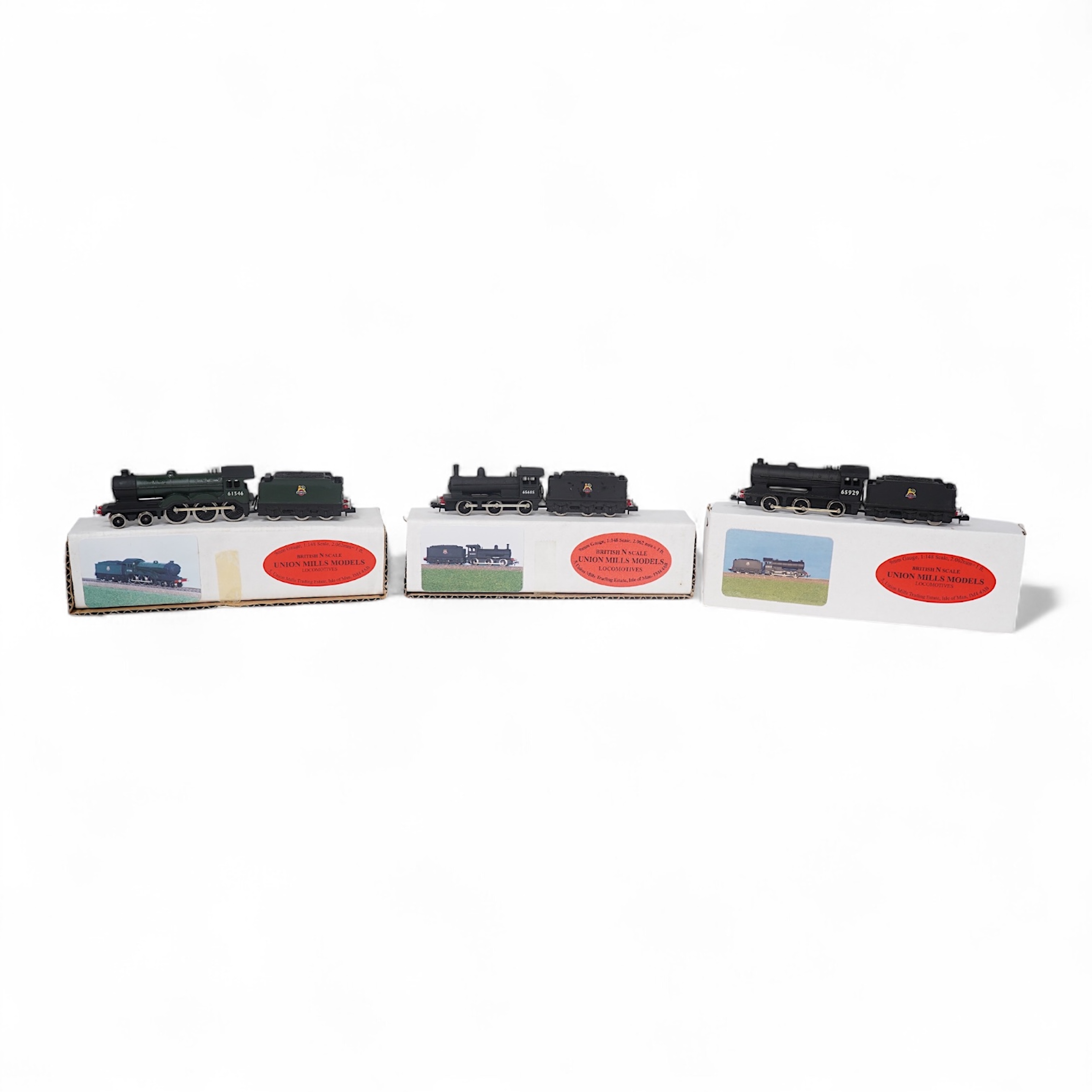 Three boxed Union Mills Models N gauge railway BR locomotives; a Class J38, 65929, a Class J25, 65685, and a Class B12/3, 61546. Condition - good.